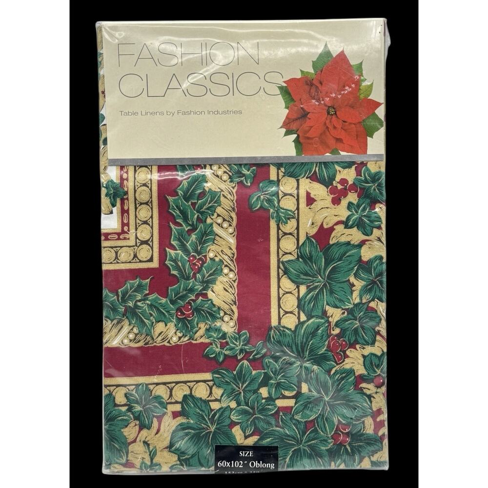 Vtg Fashion Industries Christmas Tablecloth Oblong 60x102 Windsor Holiday New